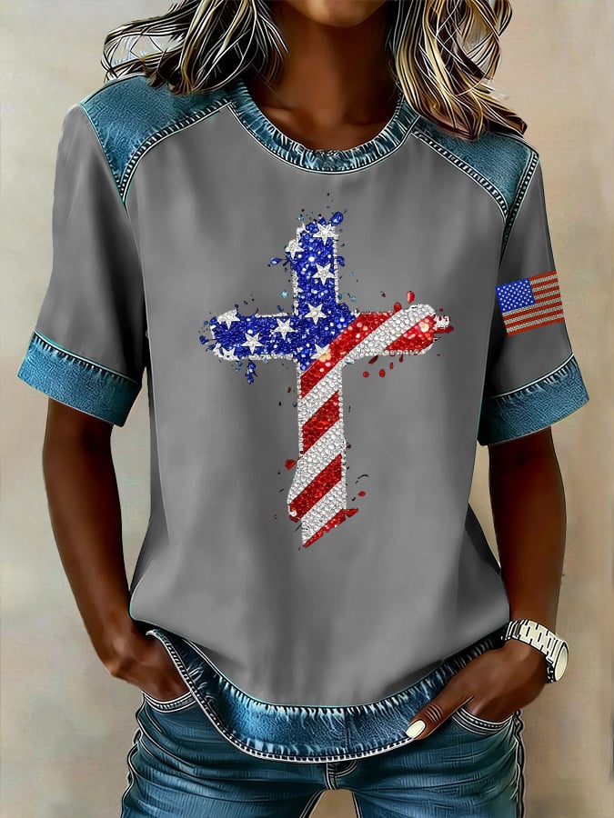 Women's casual retro American patriotic faith T-shirt