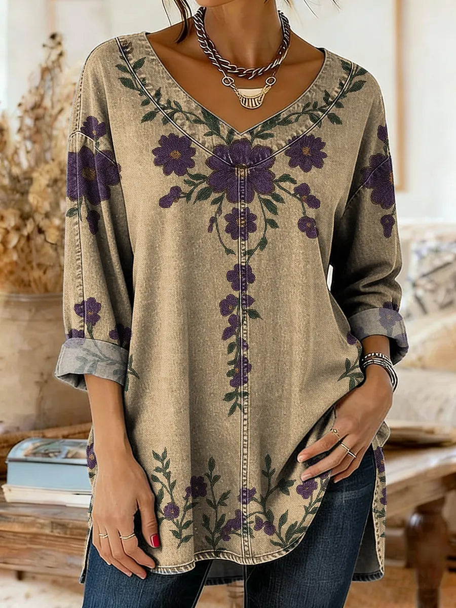Ethnicity Flowers Women's Art Print Casual Washed Denim Cotton Top