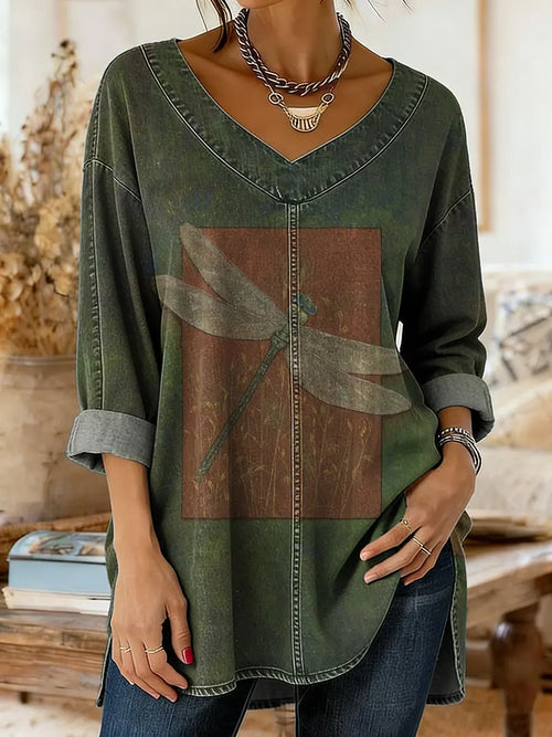 Women's Art-printed Washed Denim Cotton Shirt With Dragonfly Pattern