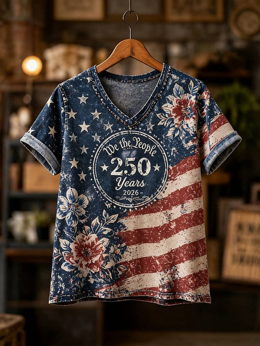 Women's Vintage Flag & Floral Color Block Print V Neck T-Shirt