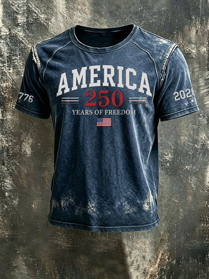 Men'S 250th Anniversary  Casual Washed Cotton And Linen Raglan Short Sleeved T-Shirt