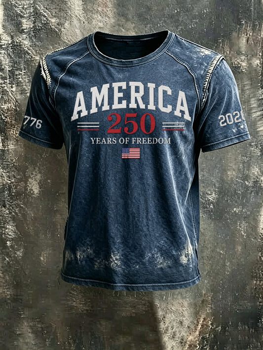 Men'S 250th Anniversary  Casual Washed Cotton And Linen Raglan Short Sleeved T-Shirt