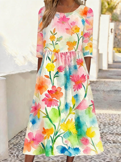 Women's Casual Round Neck Half Sleeve Contrast Print Dress