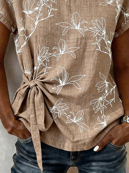 Women's Casual Round-Neck Printed Cotton-Linen Top