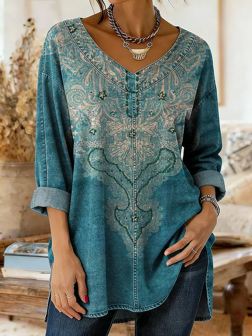 Ethnicity Geometry Totem Women's Art Print Casual Washed Denim Cotton Top
