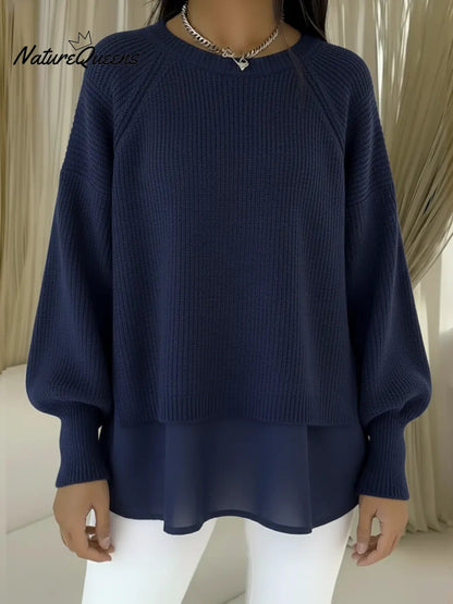 Women's Comfortable Patchwork Faux Two-piece Lantern Sleeve Sweater