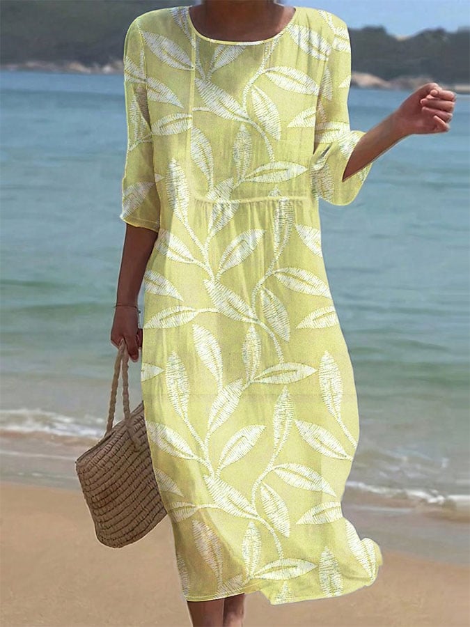 Women's Casual Solid Color Round Neck Mid Sleeve Print Cotton and Linen Dress