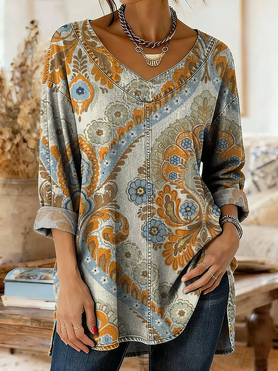 Women's Denim-colored Patchwork Pattern Art Print Casual Washed Denim Cotton Shirt