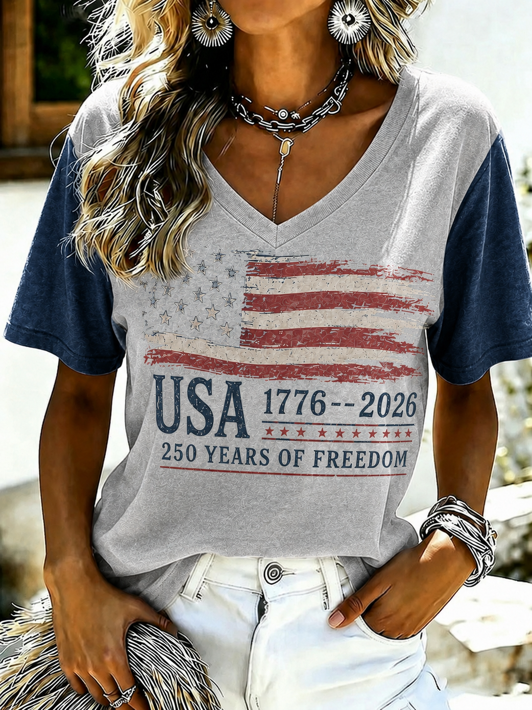 Women'S Retro Independence Day Printed Casual Short Sleeved T-Shirt