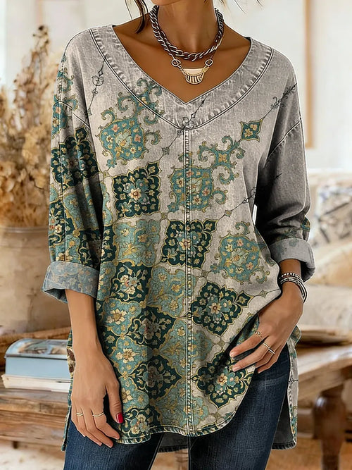 Women's Vintage Floral Print Artistic Washed Denim Cotton Shirt