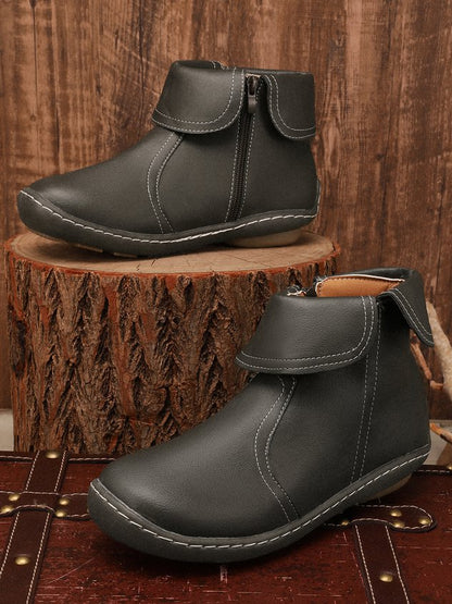 Women Hemmed Zip Casual Plain Round Toe Short Boots With Flat Heel