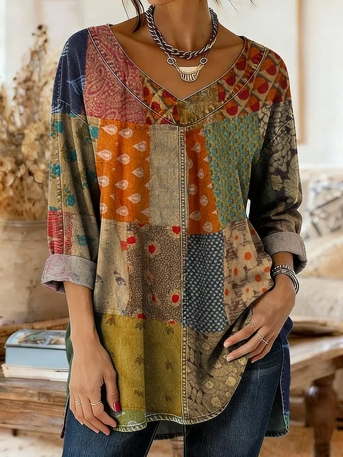 Women's Vintage Floral Print Artistic Washed Denim Cotton Shirt