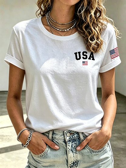 Ladies' Casual USA Commemorative Round Neck Short Sleeved T-Shirt