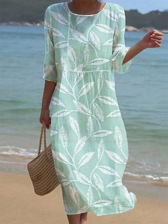 Women's Casual Solid Color Round Neck Mid Sleeve Print Cotton and Linen Dress