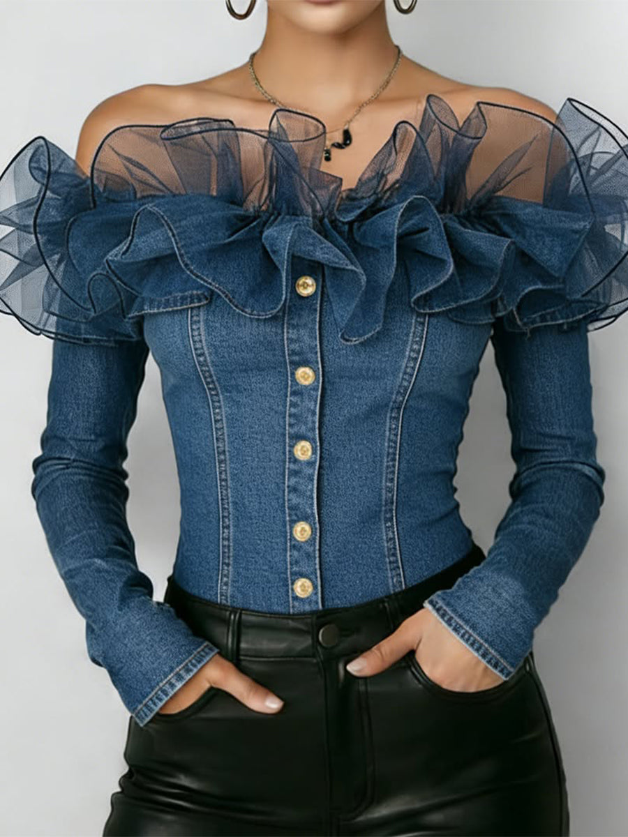 Fashionable Patchwork Organza Ruffled Denim Top