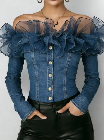 Fashionable Patchwork Organza Ruffled Denim Top