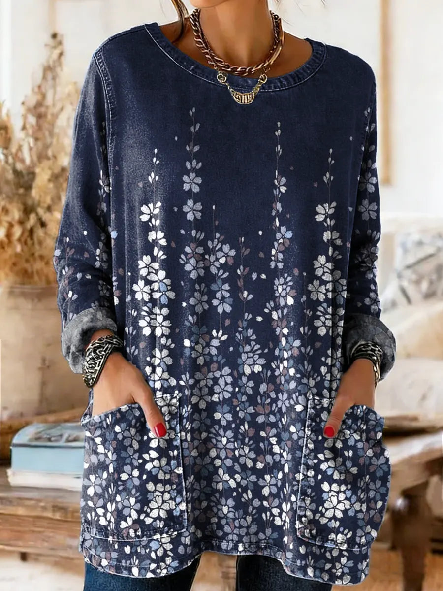 Ethnicity Geometry Flowers Women's Casual Long-sleeve Crew Neck Pocket Washed Cotton Denim T-shirt