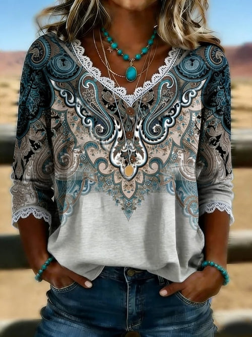 Women's Casual Retro Floral Print Cotton-Linen Cutout Top