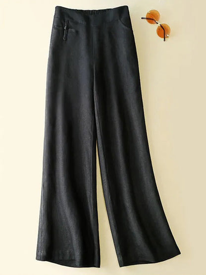 Women's Solid Color Button Half Elastic High Waist Casual Cotton and Linen Wide Leg Pants