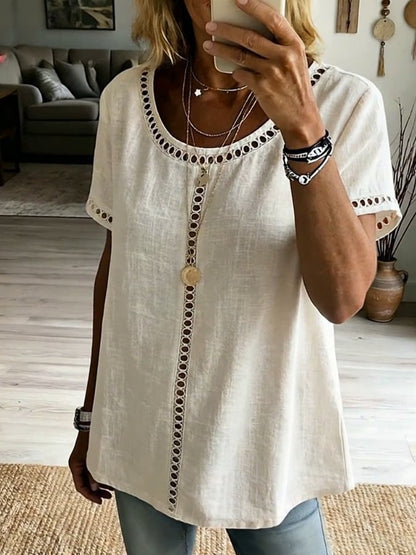 Women's Casual Solid Color Cotton Linen Hollow-Out Top