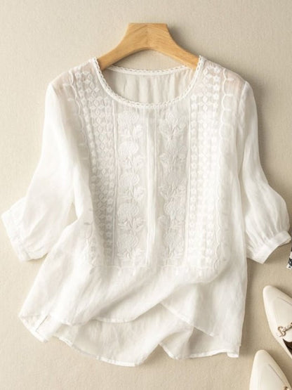 Women 3/4 Sleeve Embroidered Cotton Linen Tops