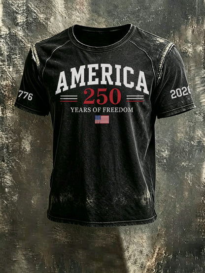 Men'S 250th Anniversary  Casual Washed Cotton And Linen Raglan Short Sleeved T-Shirt