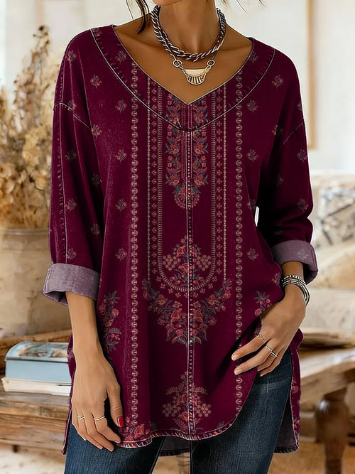 Women's Ethnic Bohemian Floral Art Print Casual Washed Denim Cotton Top