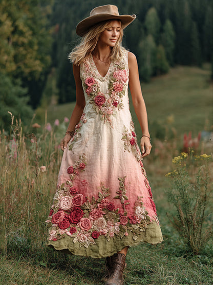 Love & Health Collection Retro Western Women Style Vintage Rose And Floral Patchwork Art V Neck Linen Maxi Dress