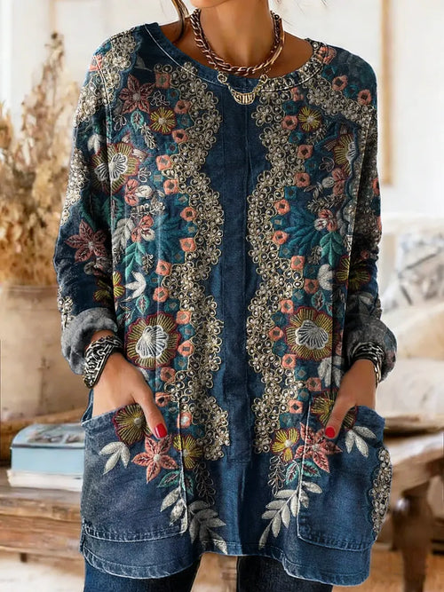 Ethnic Floral Print Casual Washed Denim Cotton Top
