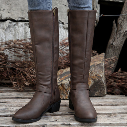 Women's Round Toe Buckle Side Zipper Mid-Calf Boots