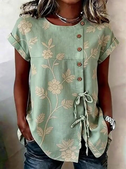 Women'S Casual Printed Tie-Waist Button-Up Top