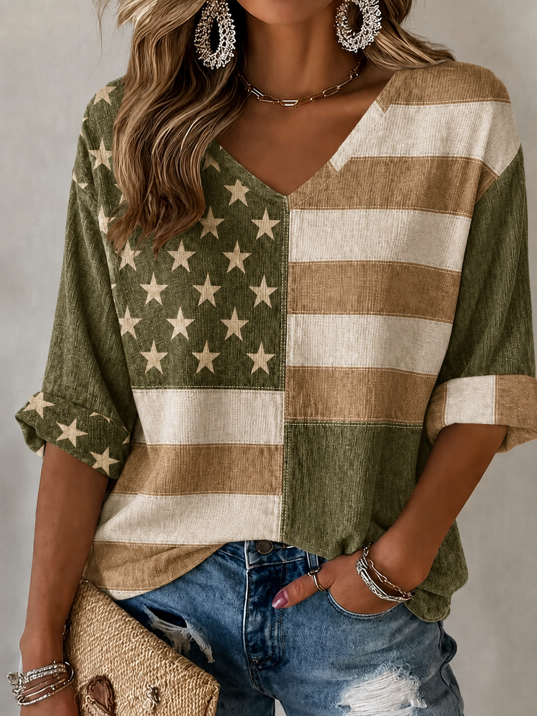Women'S Retro Independence Day Art Printed Casual T-Shirt