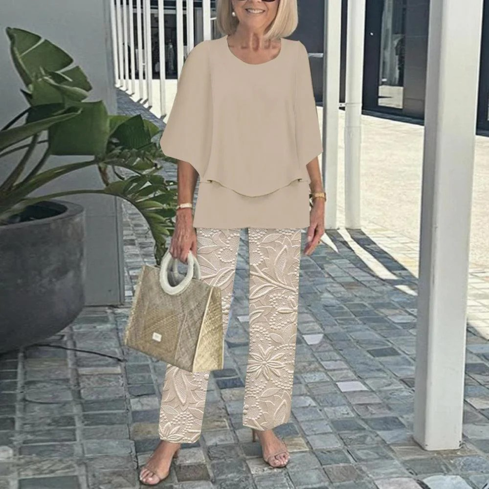 Women's Round Neck Mid-Sleeve Top With Floral Print Pants Set Two-Piece