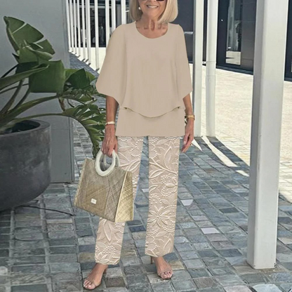 Women's Round Neck Mid-Sleeve Top With Floral Print Pants Set Two-Piece