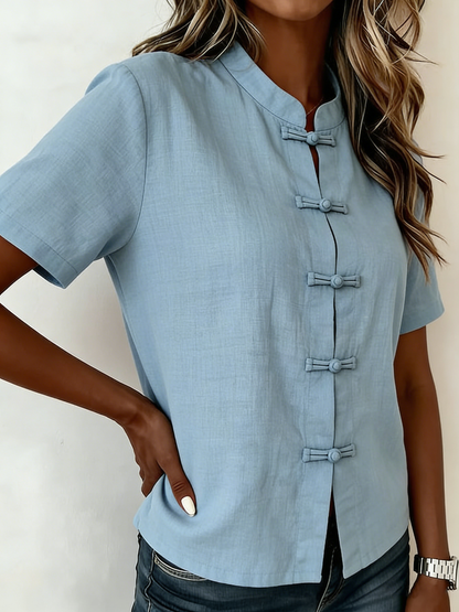 Casual Stand-up Collar Frog Buttons Cotton Linen Shirt