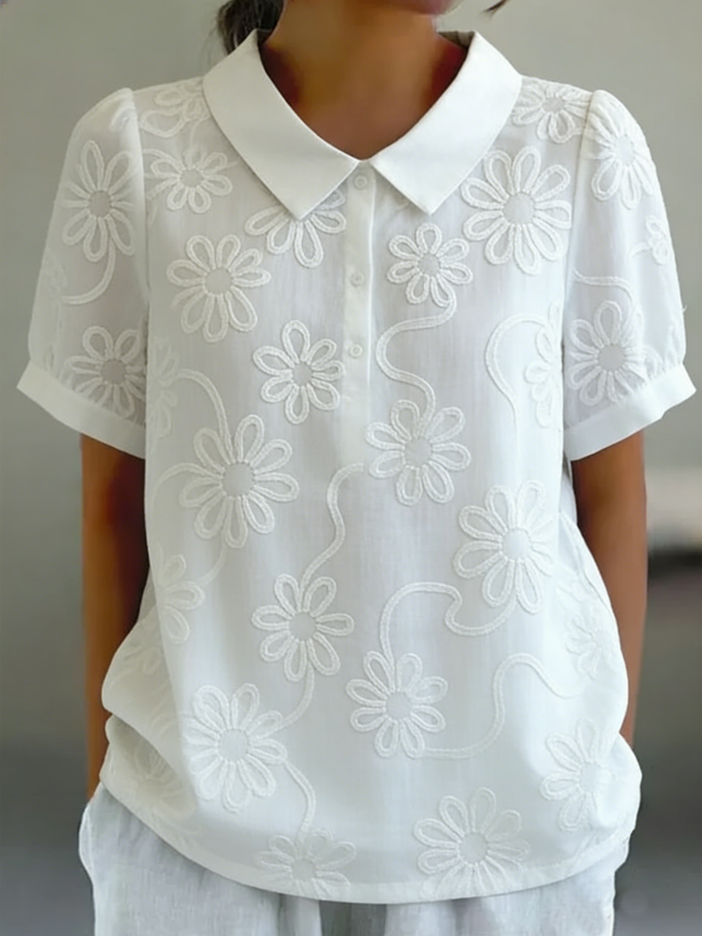 Vintage Peter Pan Collar Floral Embroidery Cotton Shirt
