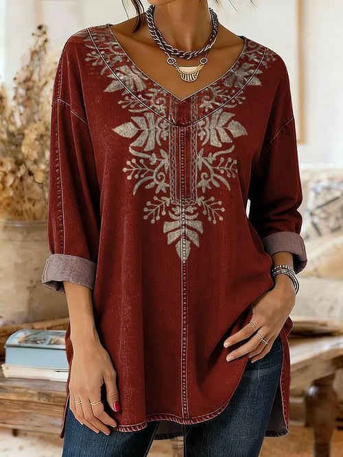 Ethnicity Geometry Flowers Red Women's Art Print Casual Washed Denim Cotton Top