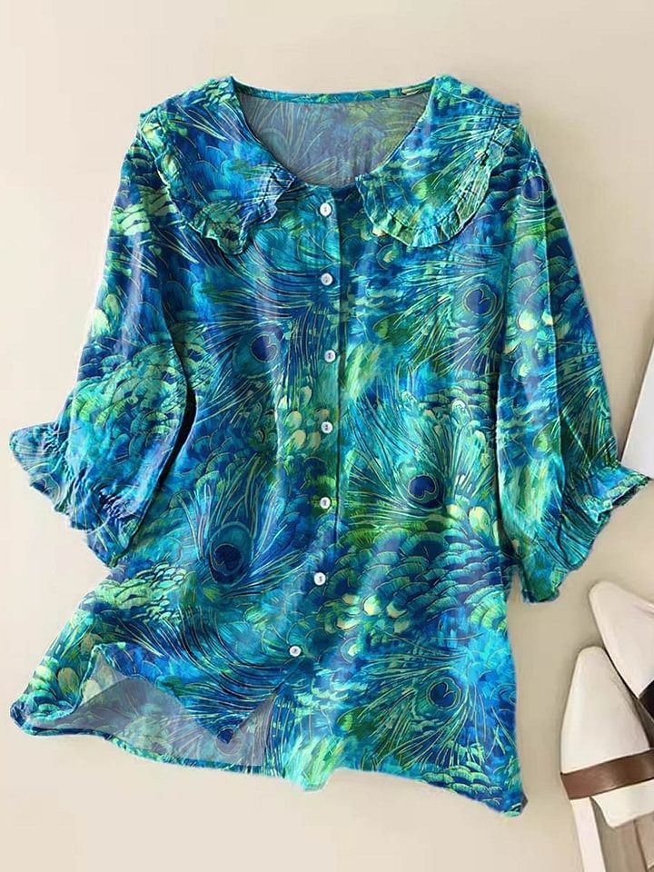 Women's Peacock Feather Pattern Art Print Casual Cotton Linen V-neck Shirt