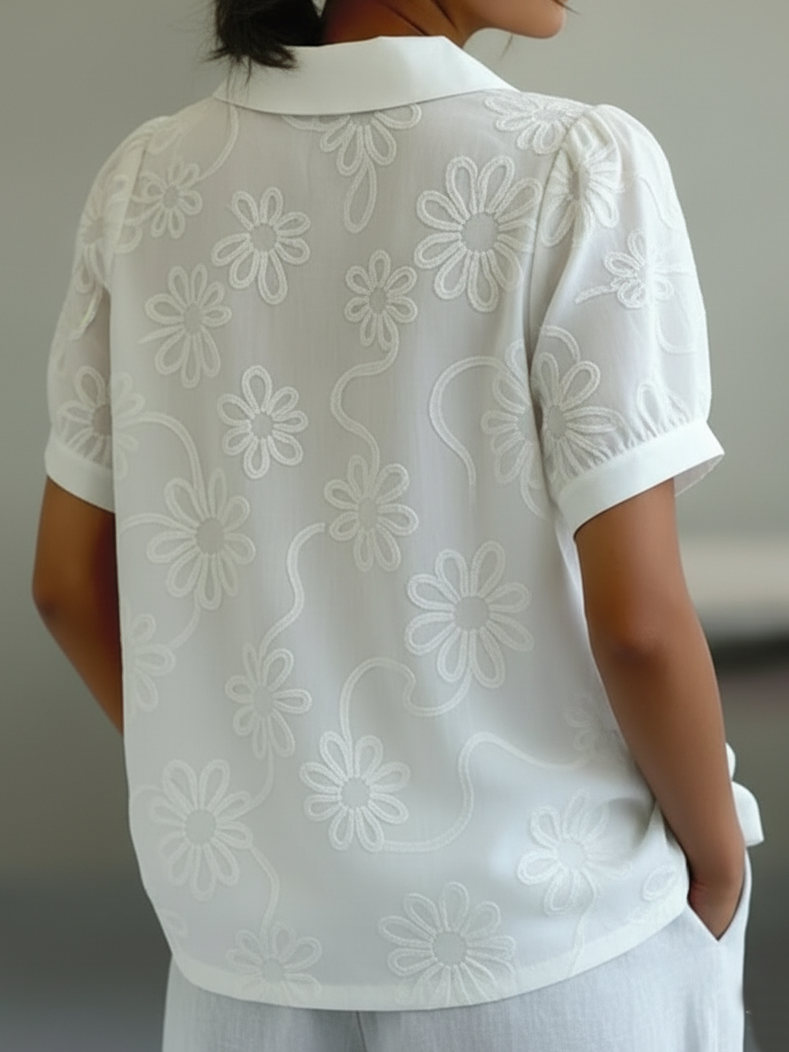 Vintage Peter Pan Collar Floral Embroidery Cotton Shirt