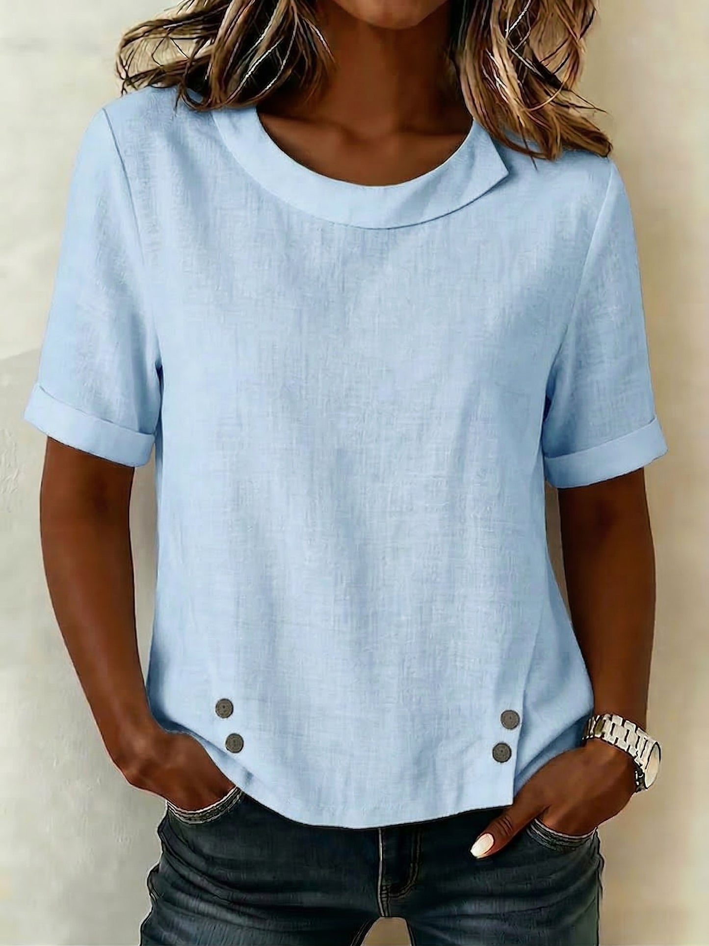 Cozy Retro Round-neck Cotton-linen Blouse