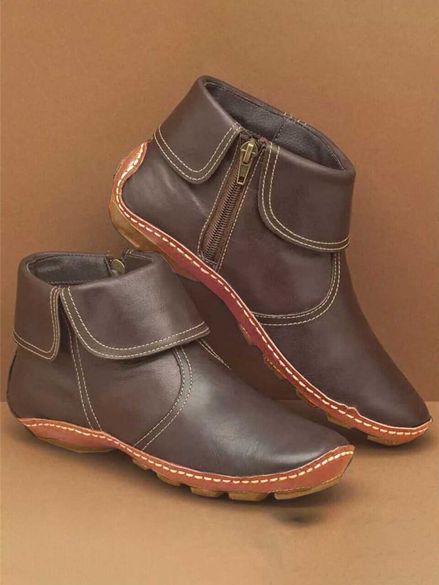 Women Hemmed Zip Casual Plain Round Toe Short Boots With Flat Heel