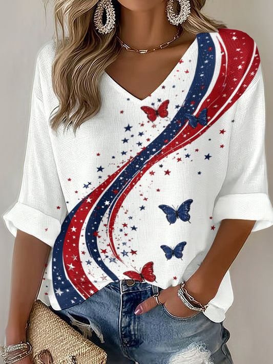 Women's American Flag Printed Casual Waffle Long Sleeve T-shirt