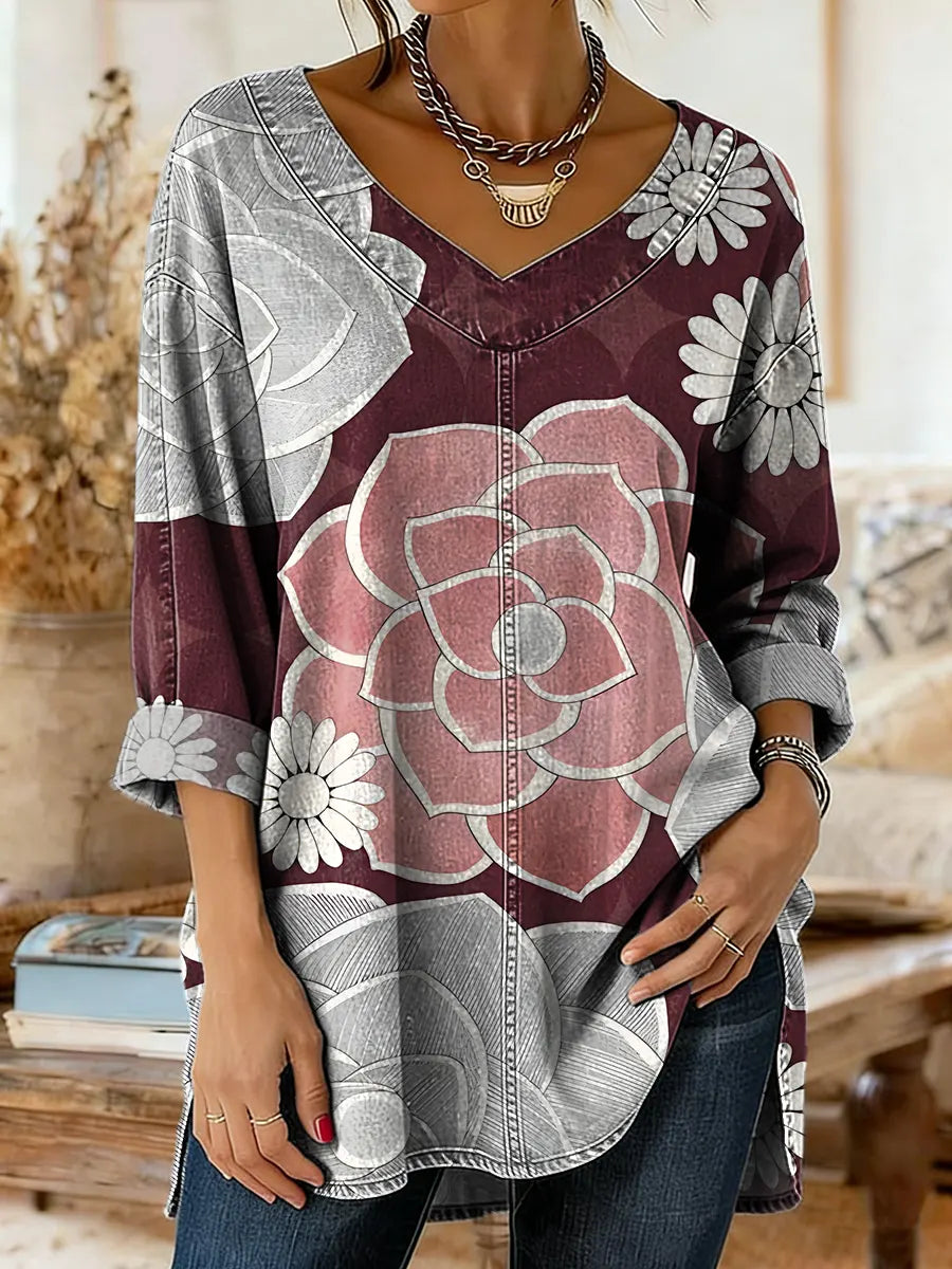 Ethnicity Flowers Geometry Women's Art Print Casual Washed Denim Cotton Top