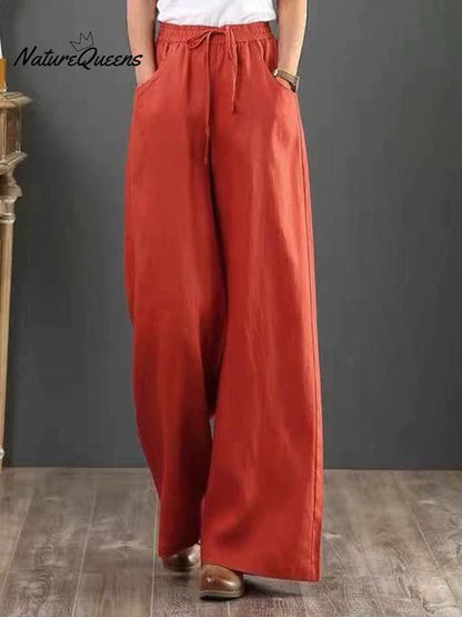 Women Solid Color Elastic Waist Pockets Casual Linen Wide Leg Pants