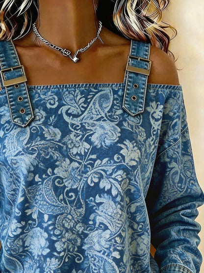 Women's denim casual jacquard off-shoulder top