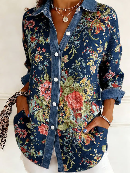 Women's Retro Floral Print Lapel Waffle Knit Shirt