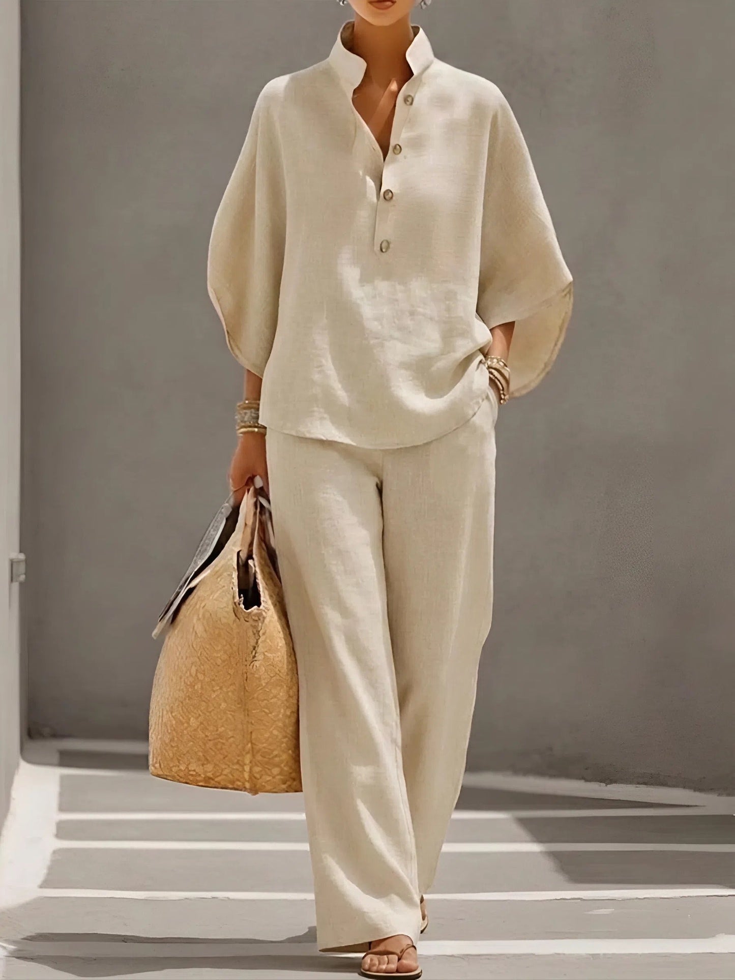 New Arrivals🔥Women’s Batwing Sleeve Linen Cotton Two-Piece Set – Casual Shirt & Wide Leg Pants Outfit