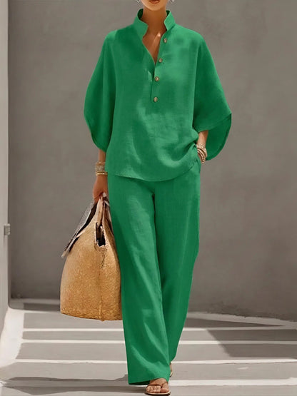 New Arrivals🔥Women’s Batwing Sleeve Linen Cotton Two-Piece Set – Casual Shirt & Wide Leg Pants Outfit