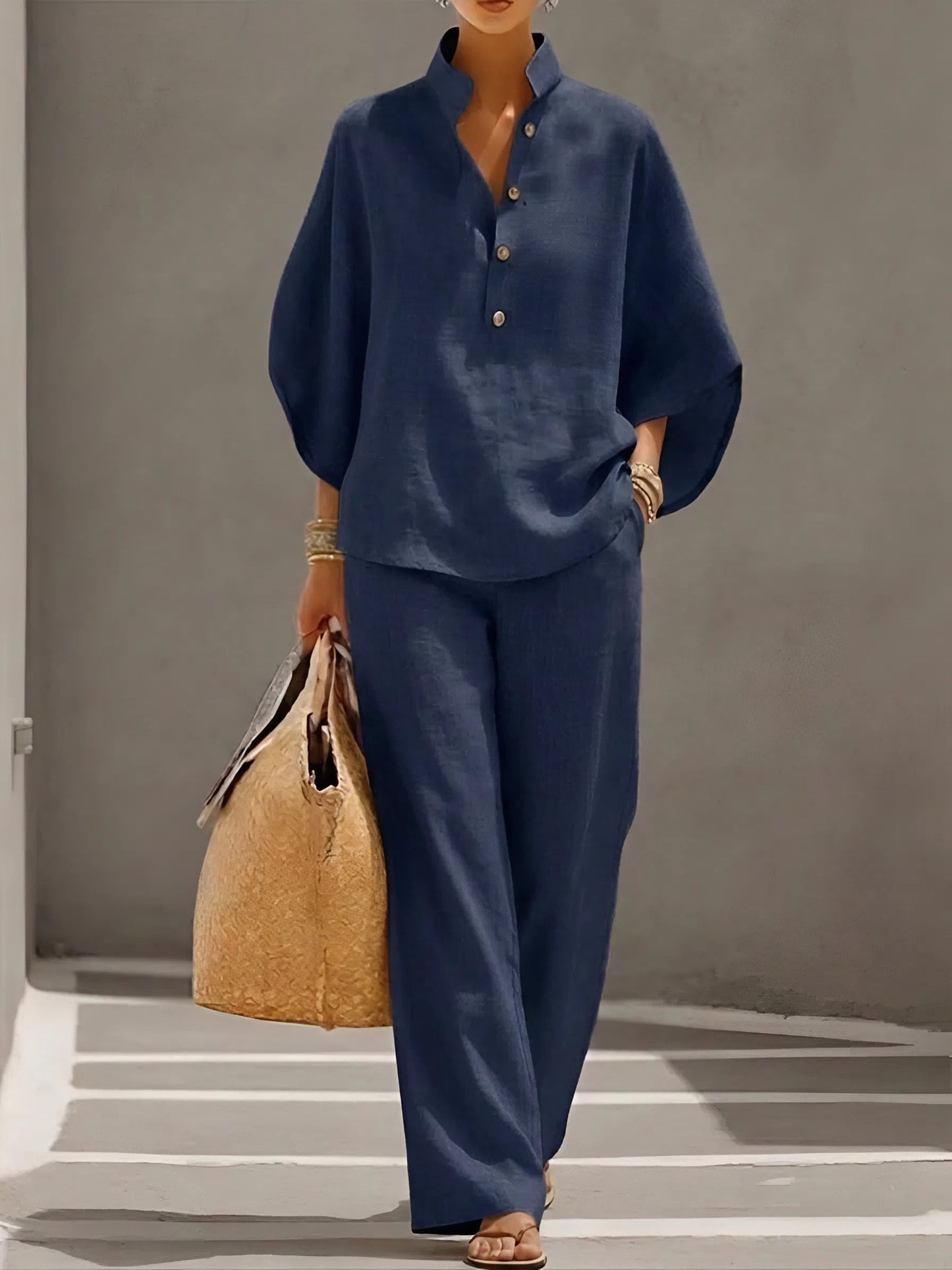 New Arrivals🔥Women’s Batwing Sleeve Linen Cotton Two-Piece Set – Casual Shirt & Wide Leg Pants Outfit