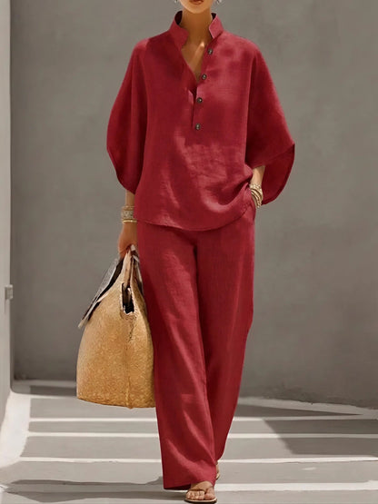 New Arrivals🔥Women’s Batwing Sleeve Linen Cotton Two-Piece Set – Casual Shirt & Wide Leg Pants Outfit